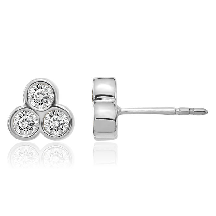 14K Solid White Gold 3 Stone Diamond Stud Earrings