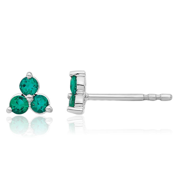 14K Solid White Gold 3 Stone Lab Green Emerald Triangle Stud Earrings May Birthstone Jewelry