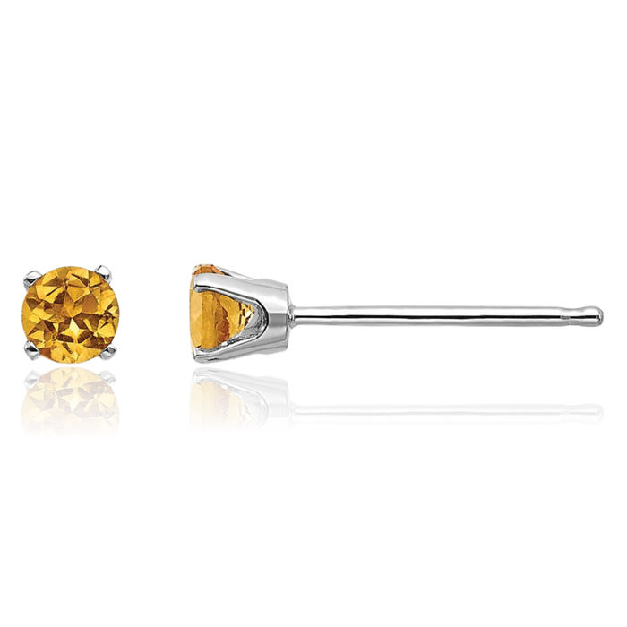 14K Solid White Gold 3mm Yellow Orange Citrine Studs Gemstone Solitaire Earrings November Birthstone Jewelry