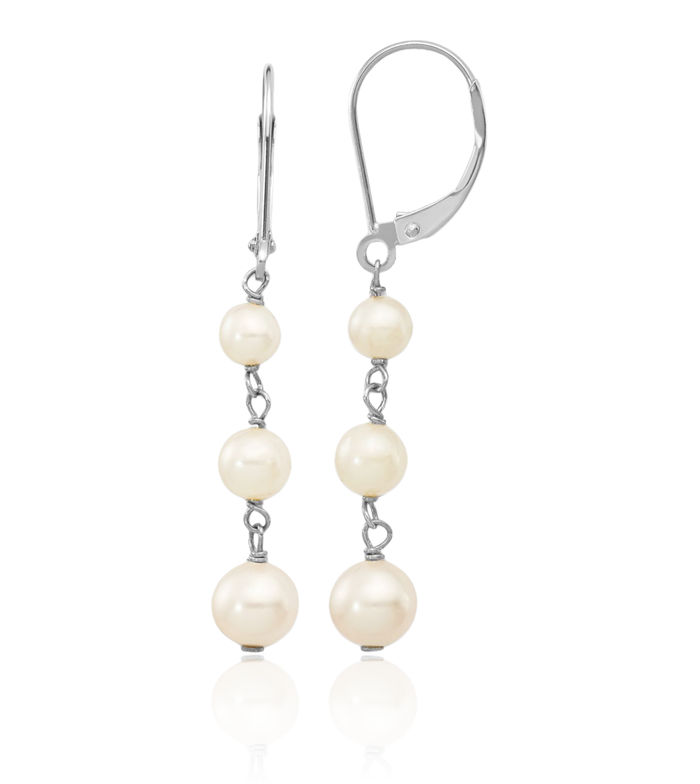 14K Solid White Gold 4 6mm Round Freshwater Cultured Pearl Drop Dangle Earrings