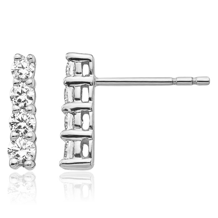 14K Solid White Gold 4 Stone Diamond Line Bar Drop Dangle Earrings