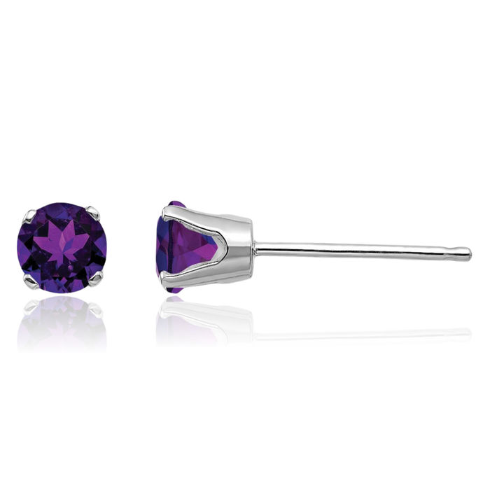 14K Solid White Gold 4mm Purple Amethyst Studs Gemstone Solitaire Earrings February Birthstone Jewelry