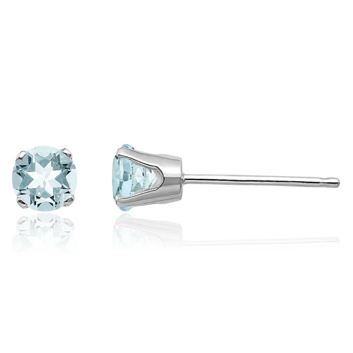 14K Solid White Gold 4mm Blue Aquamarine Studs Gemstone Solitaire Earrings March Birthstone Jewelry