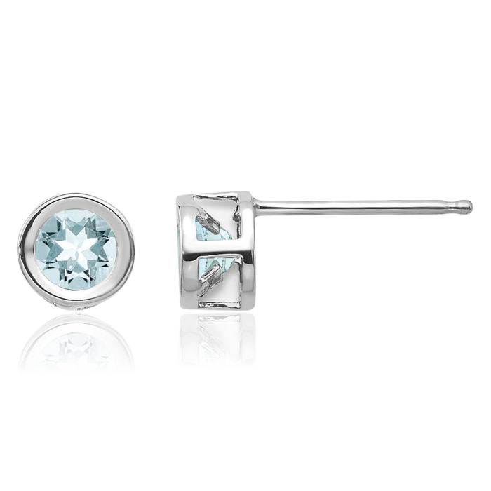 14K Solid White Gold 4mm Blue Aquamarine Studs Gemstone Solitaire Earrings March Birthstone Jewelry