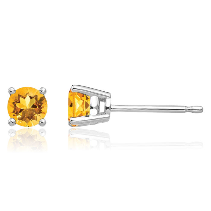 14K Solid White Gold 4mm Yellow Orange Citrine Studs Gemstone Solitaire Earrings November Birthstone Jewelry