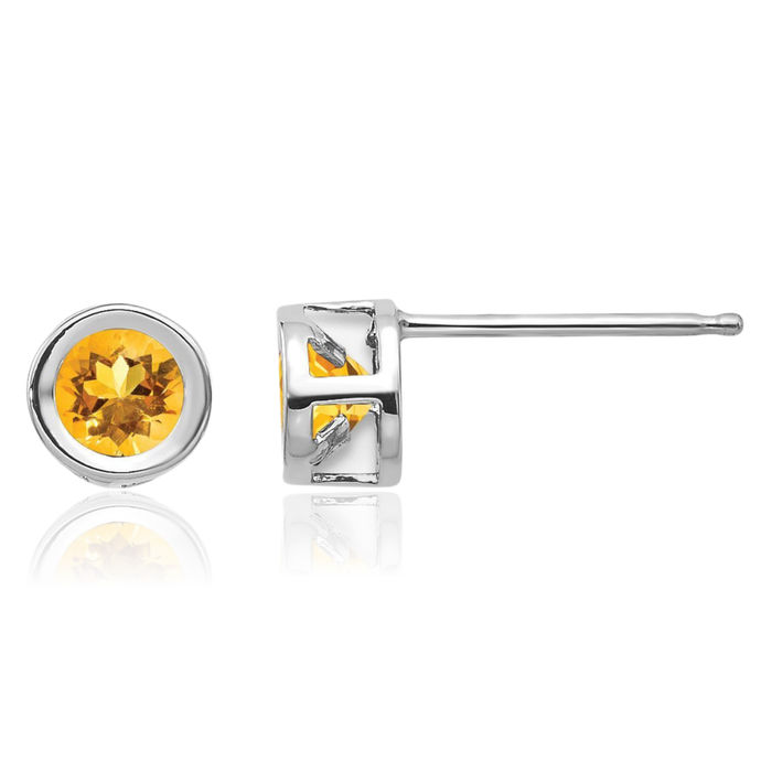 14K Solid White Gold 4mm Yellow Orange Citrine Studs Gemstone Solitaire Earrings November Birthstone Jewelry