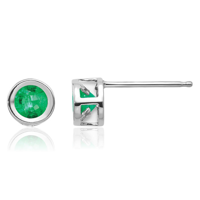 14K Solid White Gold 4mm Green Emerald Studs Gemstone Solitaire Earrings May Birthstone Jewelry