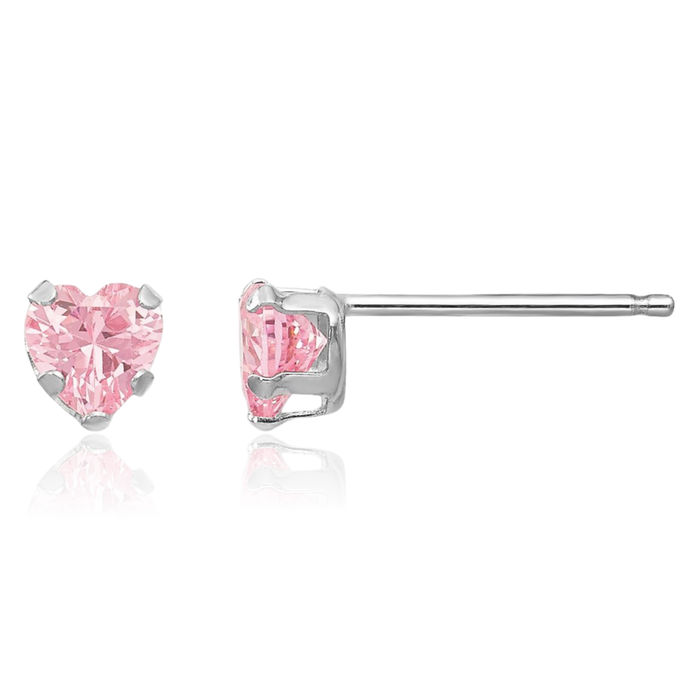 14K Solid White Gold 4mm Pink Cubic Zirconia CZ Heart Stud Earrings