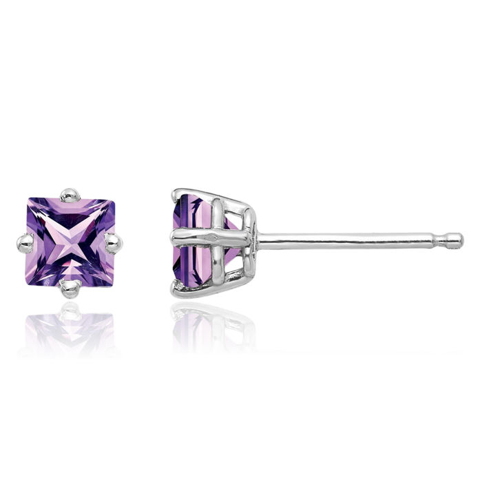 14K Solid White Gold 4mm Princess-Cut Square Purple Amethyst Studs Gemstone Solitaire Earrings February Birthstone Jewelry