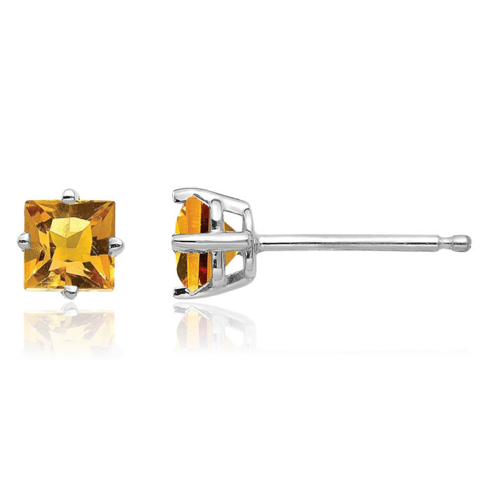 14K Solid White Gold 4mm Princess-Cut Square Yellow Orange Citrine Studs Gemstone Solitaire Earrings November Birthstone Jewelry