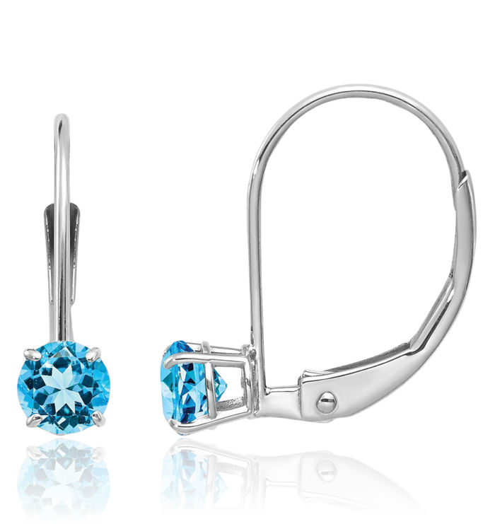 14K Solid White Gold 4mm Round Swiss Blue Topaz Drop Dangle Earrings December Birthstone Jewelry