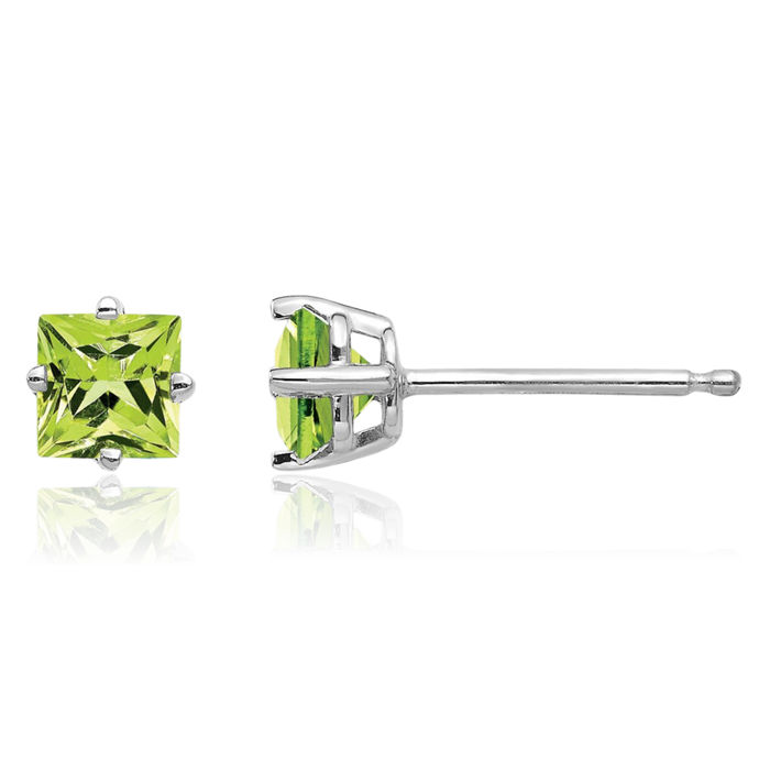 14K Solid White Gold 4mm Square Step Cut Green Peridot Studs Gemstone Solitaire Earrings August Birthstone Jewelry