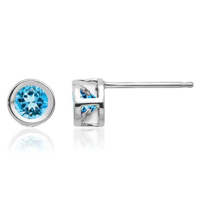 14K Solid White Gold 4mm Swiss Blue Topaz Studs Gemstone Solitaire Earrings December Birthstone Jewelry