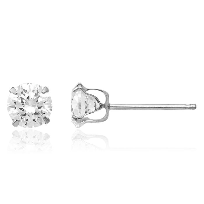 14K Solid White Gold 5.25mm Cubic Zirconia CZ Stud Earrings