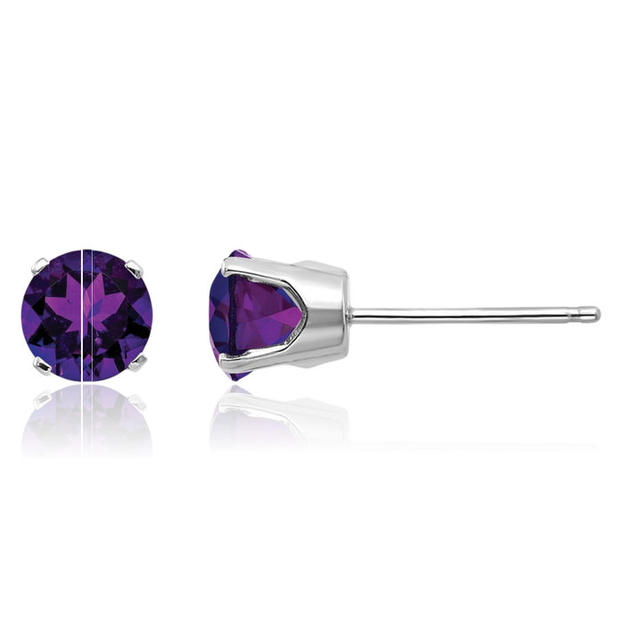 14K Solid White Gold 5mm Purple Amethyst Studs Gemstone Solitaire Earrings February Birthstone Jewelry