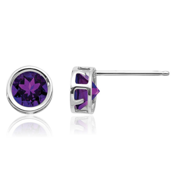 14K Solid White Gold 5mm Purple Amethyst Studs Gemstone Solitaire Earrings February Birthstone Jewelry