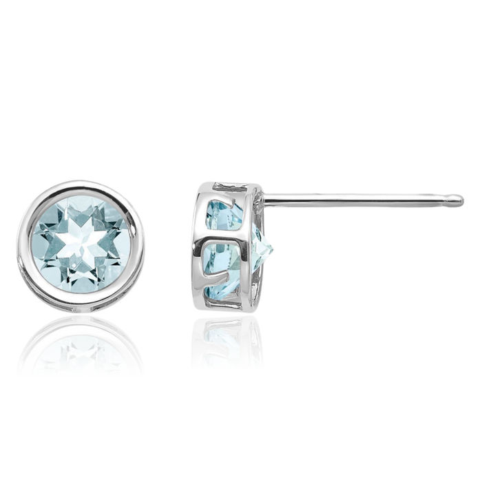 14K Solid White Gold 5mm Blue Aquamarine Studs Gemstone Solitaire Earrings March Birthstone Jewelry