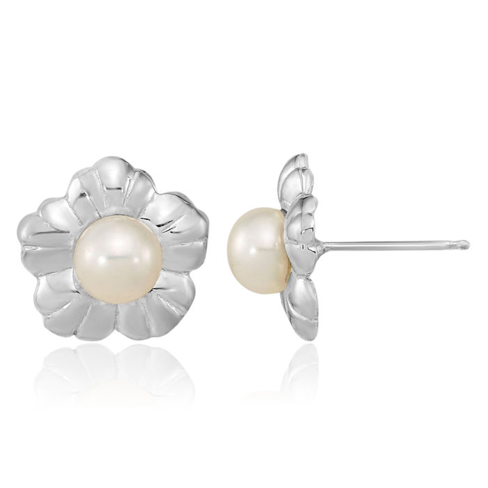 14K Solid White Gold 5mm Button Freshwater Cultured Pearl Flower Stud Earrings