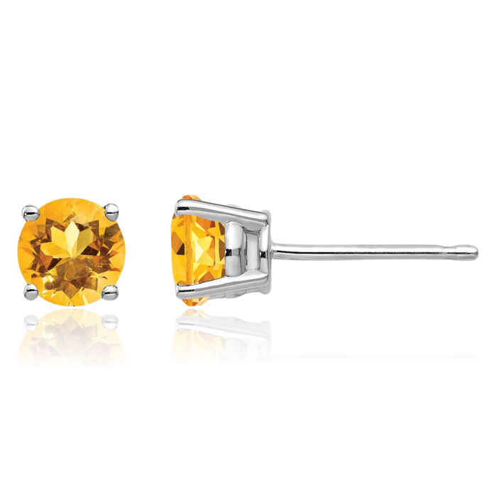 14K Solid White Gold 5mm Yellow Orange Citrine Studs Gemstone Solitaire Earrings November Birthstone Jewelry