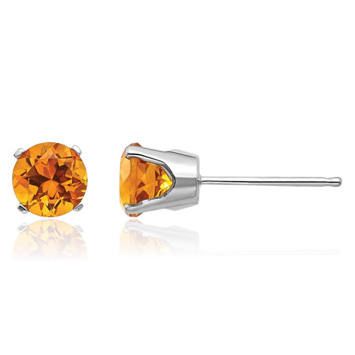 14K Solid White Gold 5mm Yellow Orange Citrine Studs Gemstone Solitaire Earrings November Birthstone Jewelry