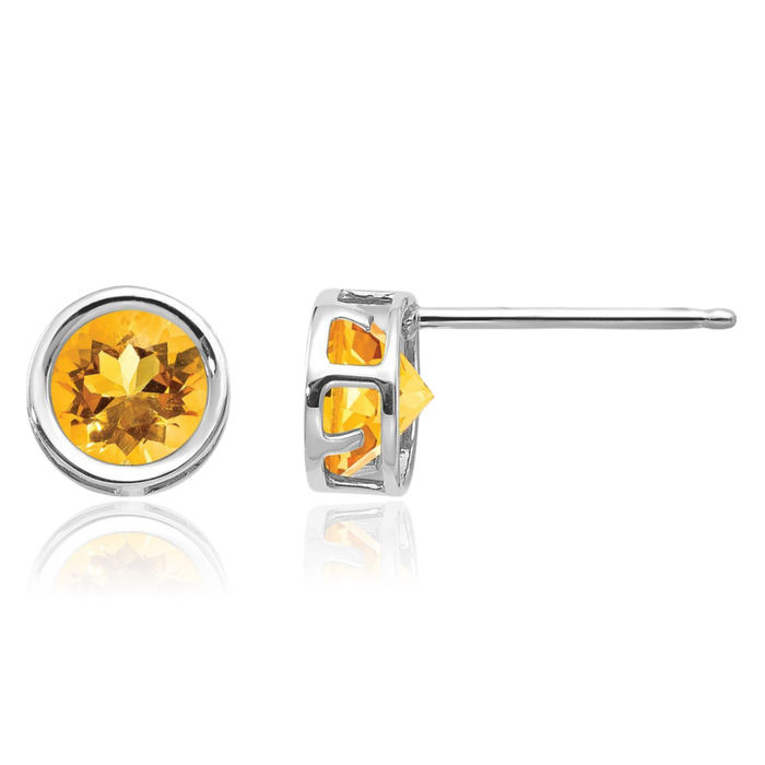 14K Solid White Gold 5mm Yellow Orange Citrine Studs Gemstone Solitaire Earrings November Birthstone Jewelry