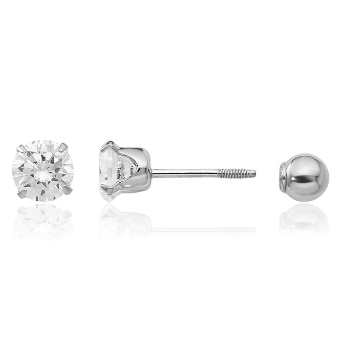 14K Solid White Gold 5mm Cubic Zirconia CZ 4mm Ball Reversible Stud Earrings