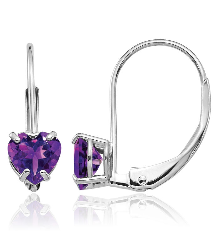 14K Solid White Gold 5mm Heart Purple Amethyst Drop Dangle Earrings Gemstone February Birthstone Jewelry