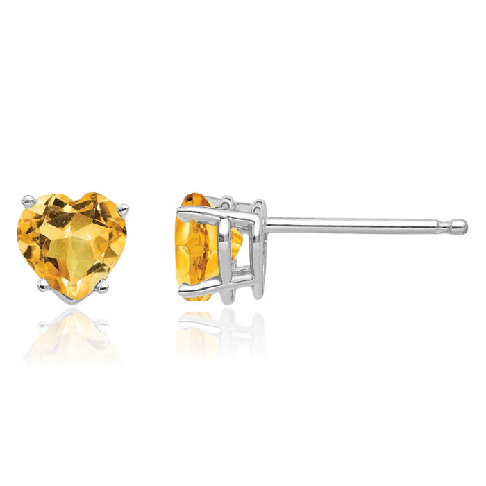 14K Solid White Gold 5mm Heart Yellow Orange Citrine Studs Gemstone Earrings November Birthstone Jewelry