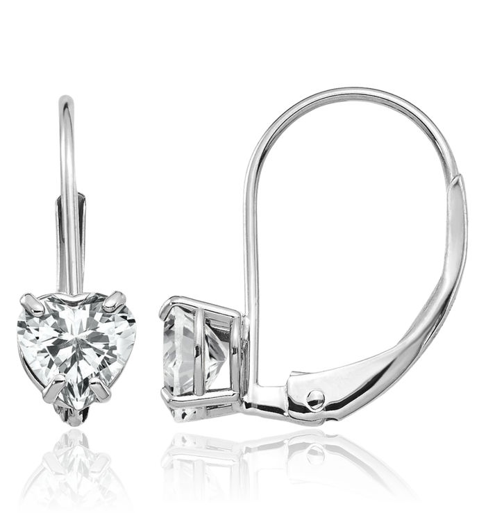 14K Solid White Gold 5mm Heart Cubic Zirconia CZ Drop Dangle Earrings Gemstone