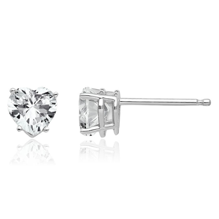 14K Solid White Gold 5mm Heart Cubic Zirconia CZ Stud Earrings April Birthstone Jewelry