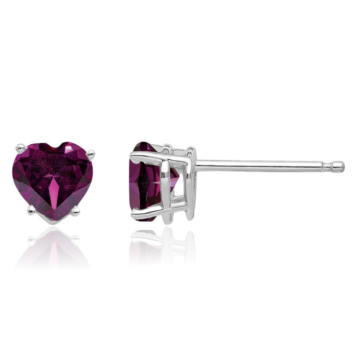 14K Solid White Gold 5mm Heart Purple Rhodolite Garnet Studs Gemstone Earrings June Birthstone Jewelry