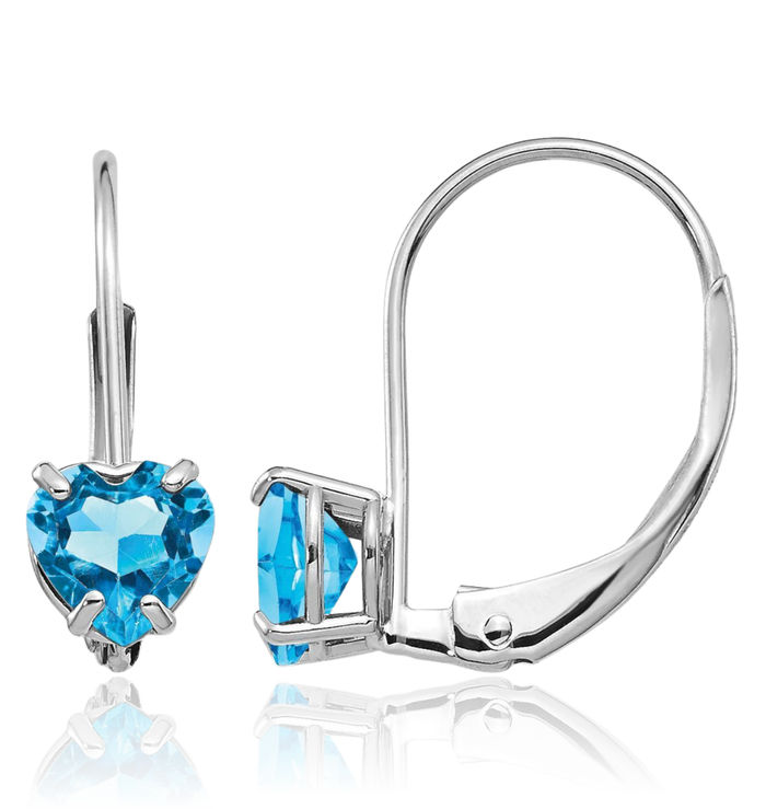 14K Solid White Gold 5mm Heart Swiss Blue Topaz Drop Dangle Earrings Gemstone December Birthstone Jewelry