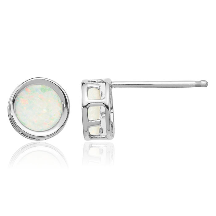 14K Solid White Gold 5mm Opal Studs Gemstone Solitaire Earrings October Birthstone Jewelry