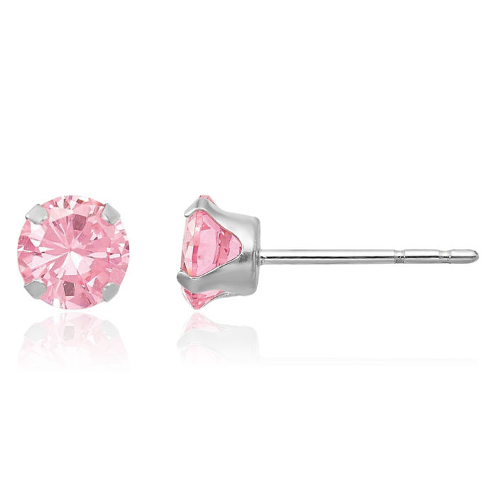 14K Solid White Gold 5mm Pink Cubic Zirconia CZ Stud Earrings