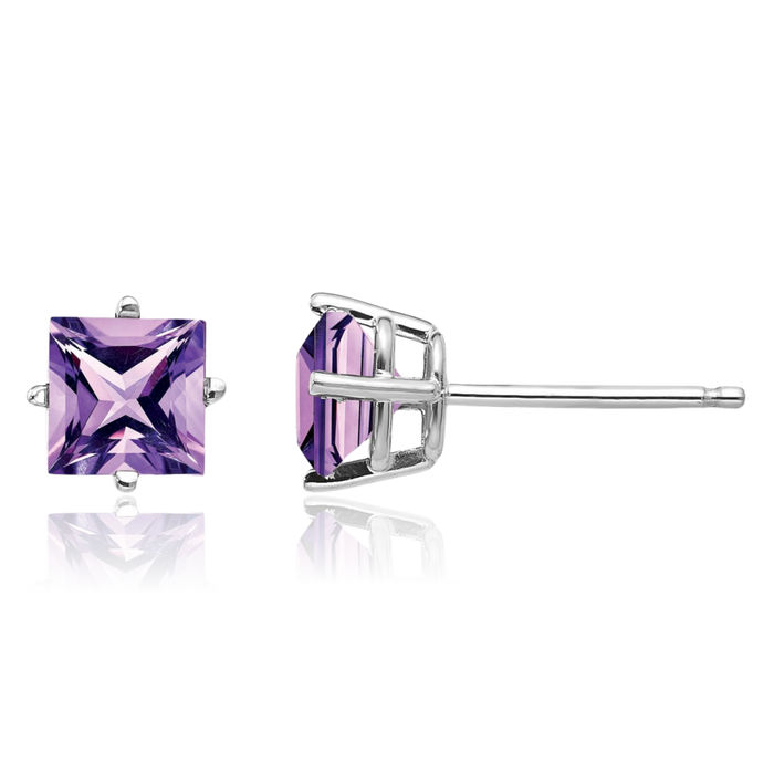 14K Solid White Gold 5mm Princess-Cut Square Purple Amethyst Studs Gemstone Solitaire Earrings February Birthstone Jewelry