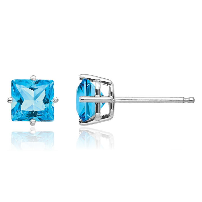 14K Solid White Gold 5mm Princess-Cut Square Swiss Blue Topaz Studs Gemstone Solitaire Earrings December Birthstone Jewelry