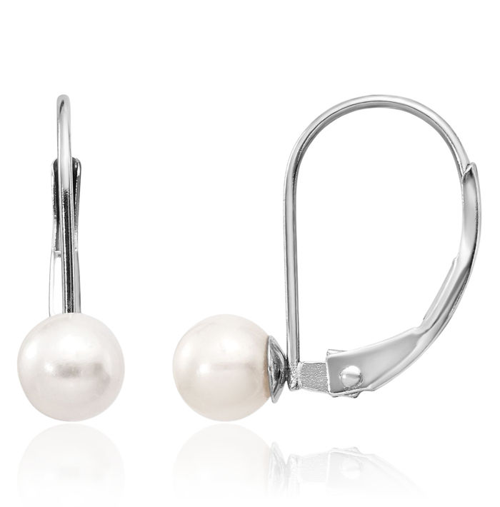 14K Solid White Gold 5mm Round Freshwater Cultured Pearl Drop Dangle Earrings Gemstone