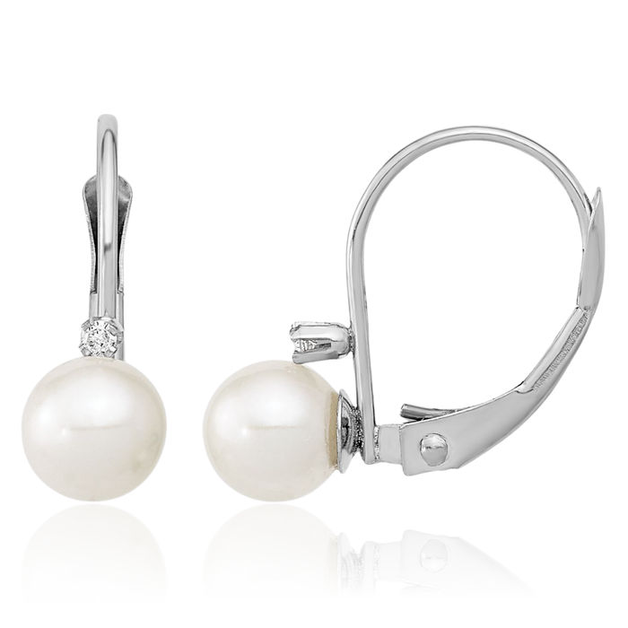 14K Solid White Gold 5mm Round Freshwater Cultured Pearl Diamond Drop Dangle Earrings