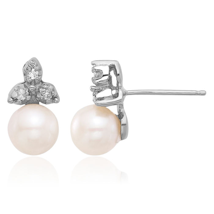 14K Solid White Gold 5mm Round Freshwater Cultured Pearl Diamond Stud Earrings