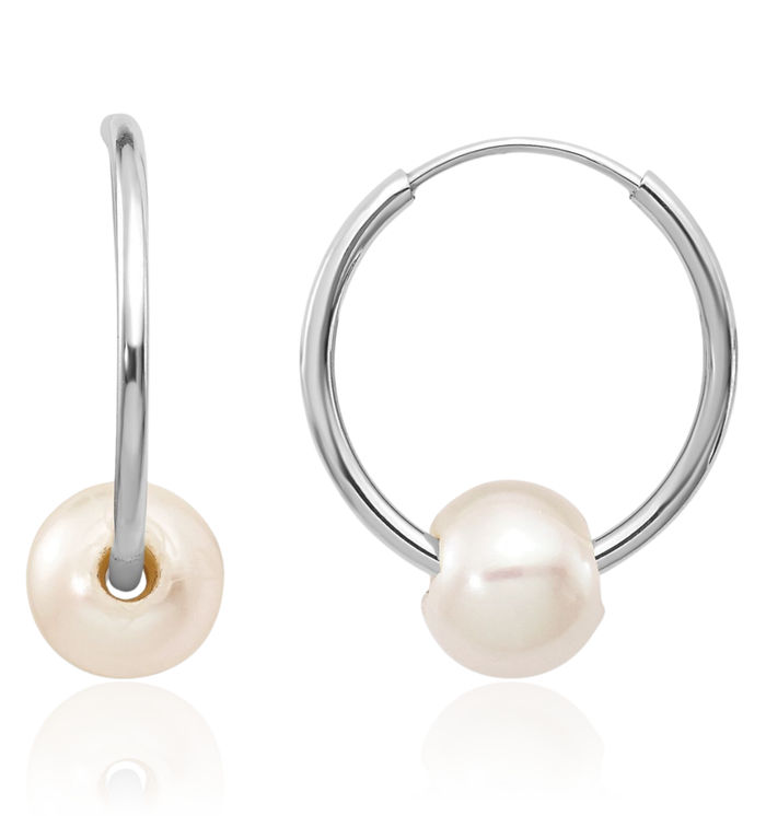 14K Solid White Gold 5mm Round Freshwater Cultured Pearl Endless Small Hoop Earrings