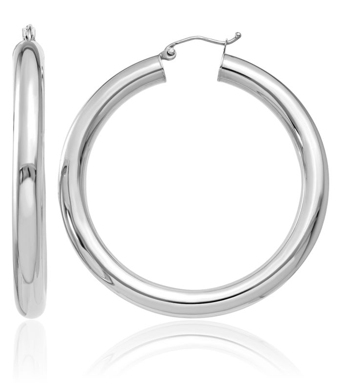 14K Solid White Gold 5mm Tube Round Large Hoop Earrings