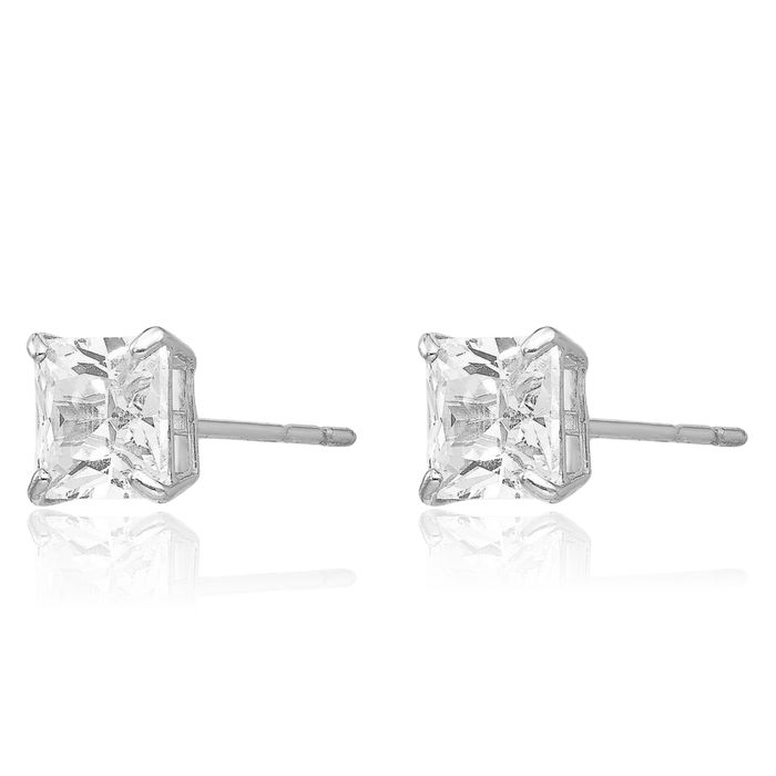 14K Solid White Gold 5mm Square Cubic Zirconia CZ Stud Earrings