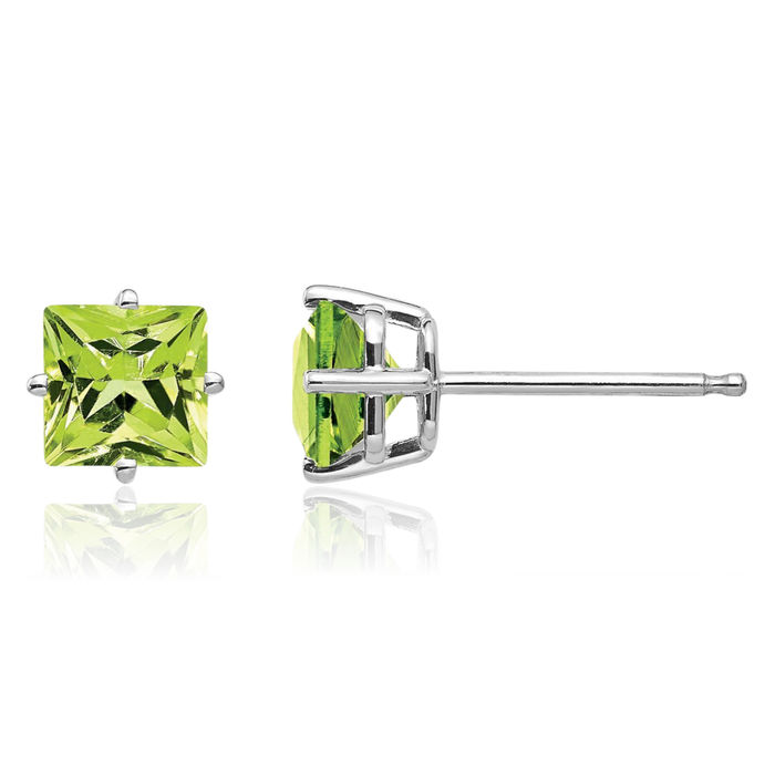 14K Solid White Gold 5mm Square Step Cut Green Peridot Studs Gemstone Solitaire Earrings August Birthstone Jewelry