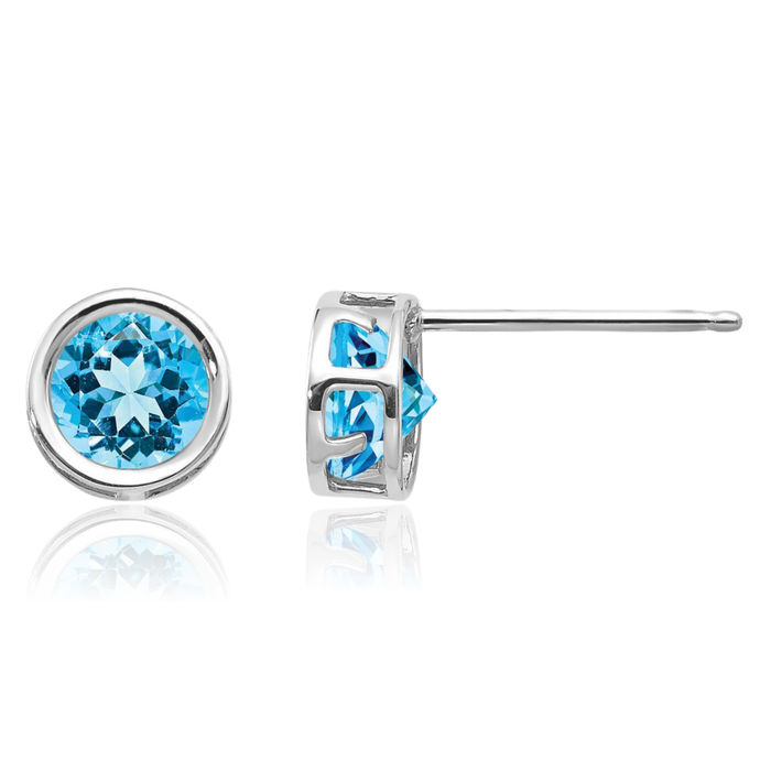 14K Solid White Gold 5mm Swiss Blue Topaz Studs Gemstone Solitaire Earrings December Birthstone Jewelry