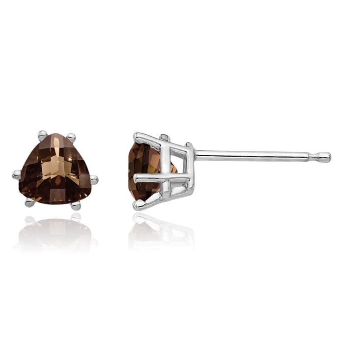 14K Solid White Gold 5mm Trillion Checker Cut Brown Smoky Quartz Studs Gemstone Solitaire Earrings June Birthstone Jewelry