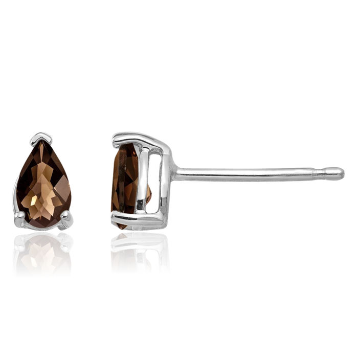 14K Solid White Gold 5x3 Checker Cut Brown Smoky Quartz Studs Pear Teardrop Gemstone Solitaire Earrings June Birthstone Jewelry