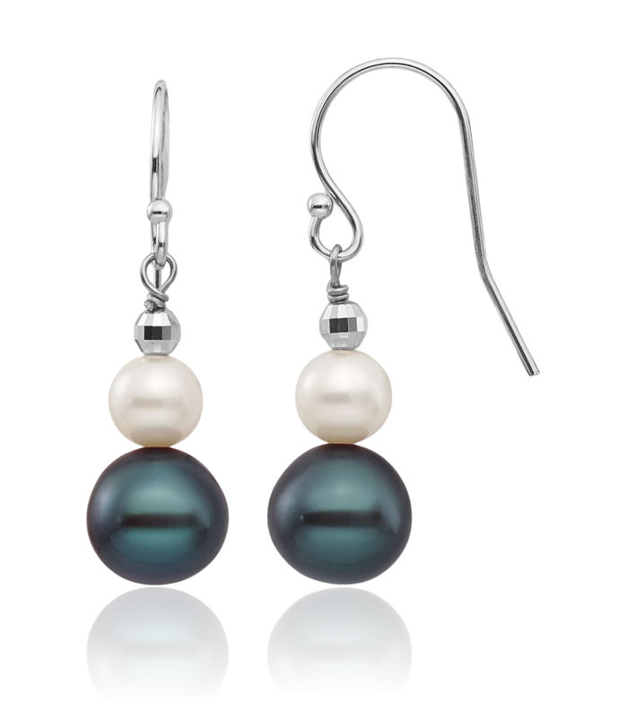 14K Solid White Gold 6 9mm Black Round Freshwater Cultured Pearl Graduated Drop Dangle Earrings