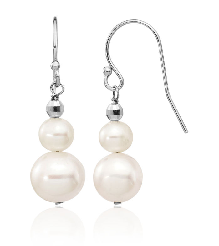 14K Solid White Gold 6 9mm Round Freshwater Cultured Pearl Graduated Drop Dangle Earrings