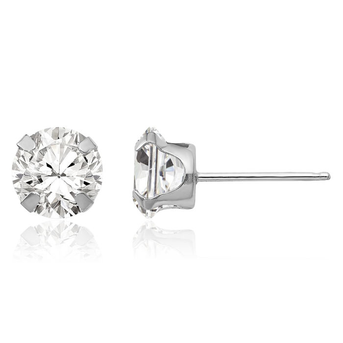 14K Solid White Gold 6.5mm Cubic Zirconia CZ Stud Earrings