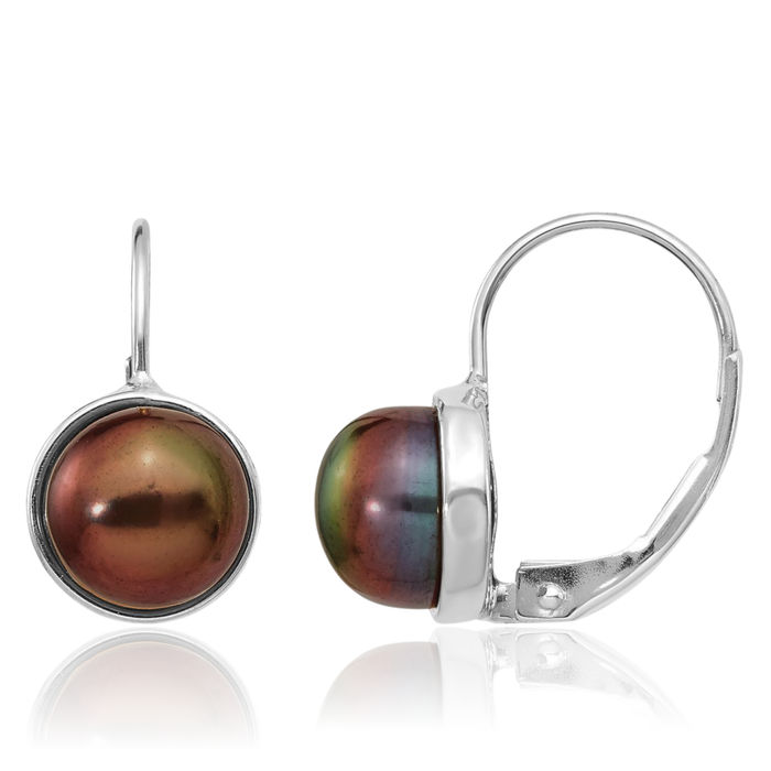 14K Solid White Gold 6mm Black Button Freshwater Cultured Pearl Drop Dangle Earrings